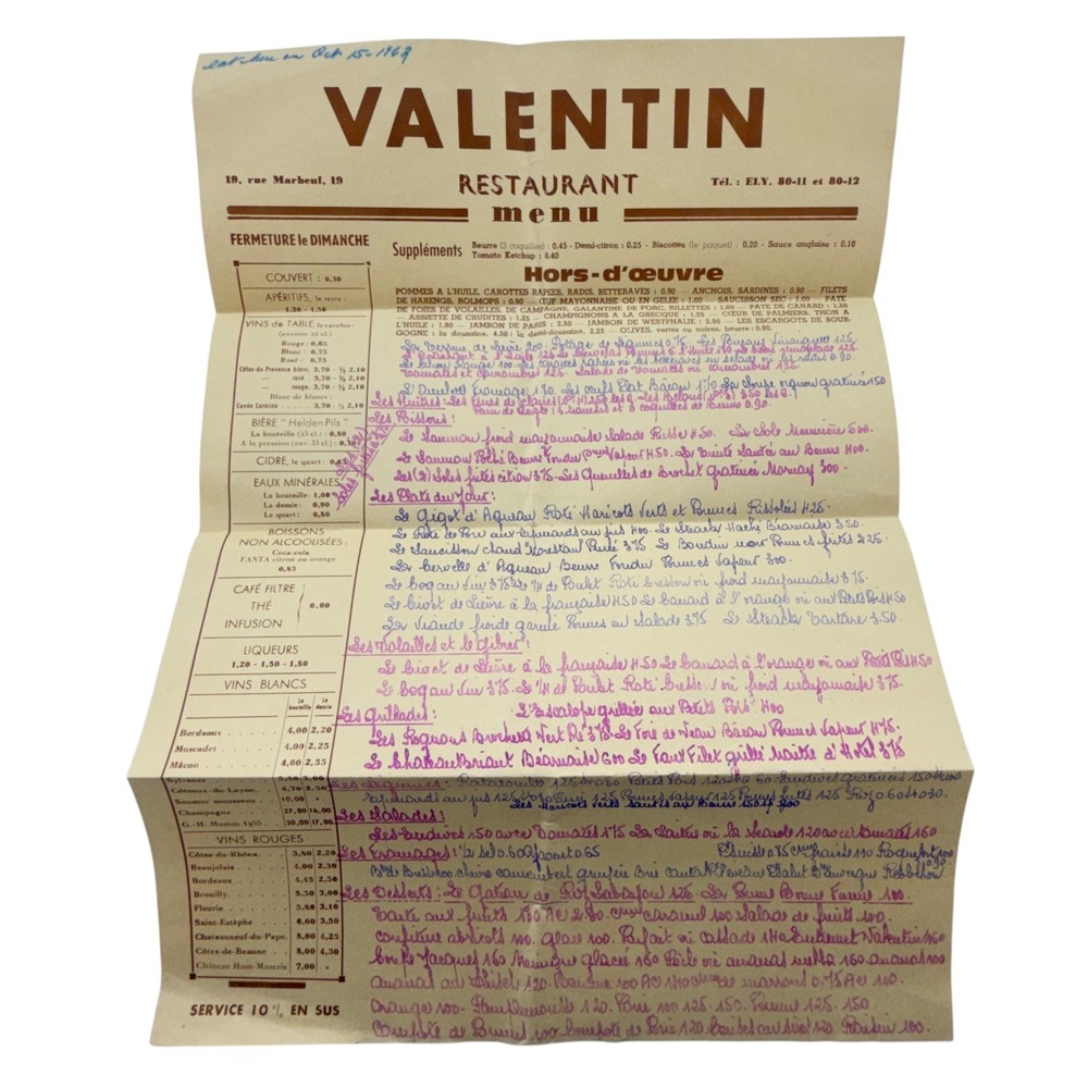 French Menu Valentin Restaurant 1962 Paris France Rue Marbeuf 1960's Vintage